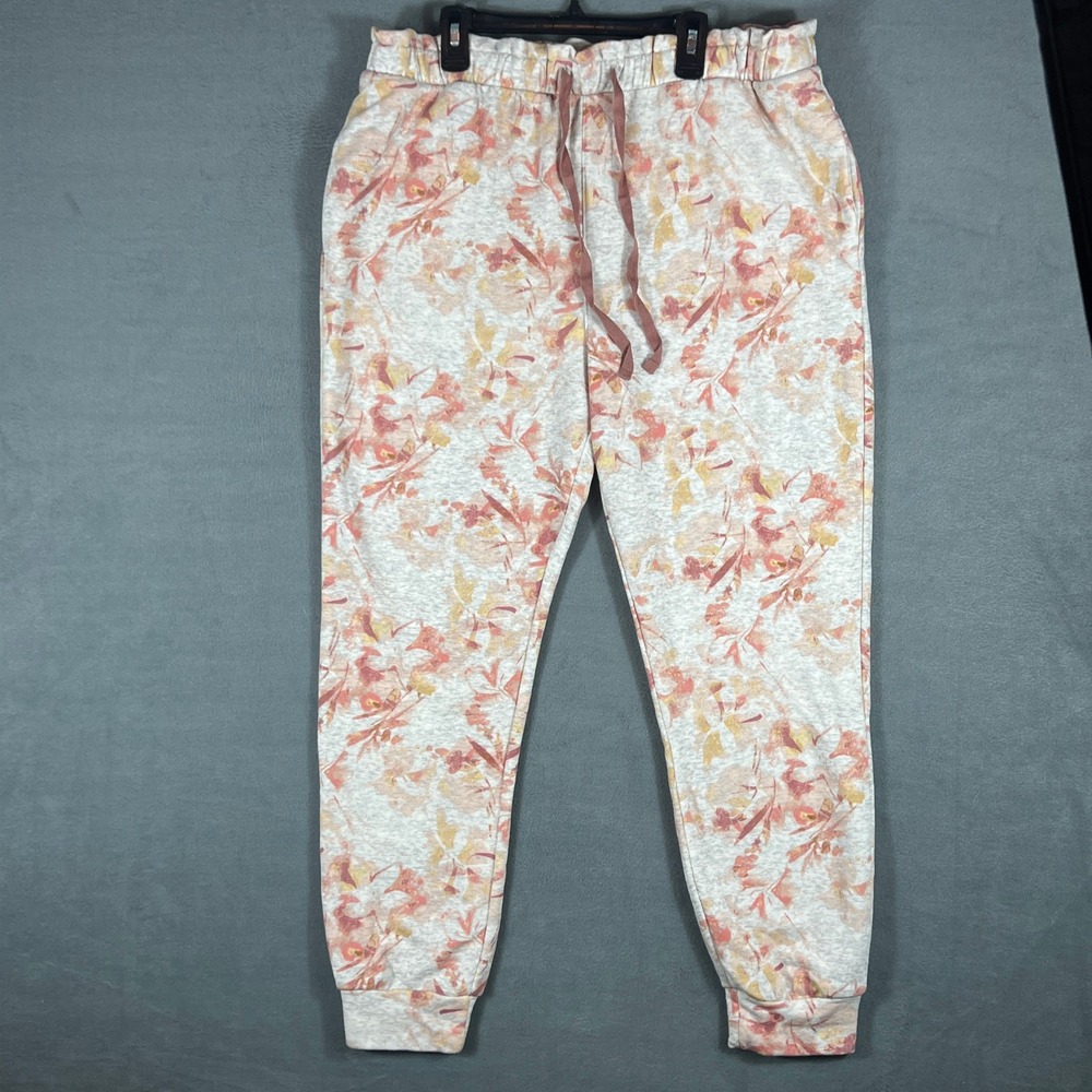 LC Lauren Conrad Womens Jogger Pants L Cream Pink Floral Drawstring Cuffed Ankle